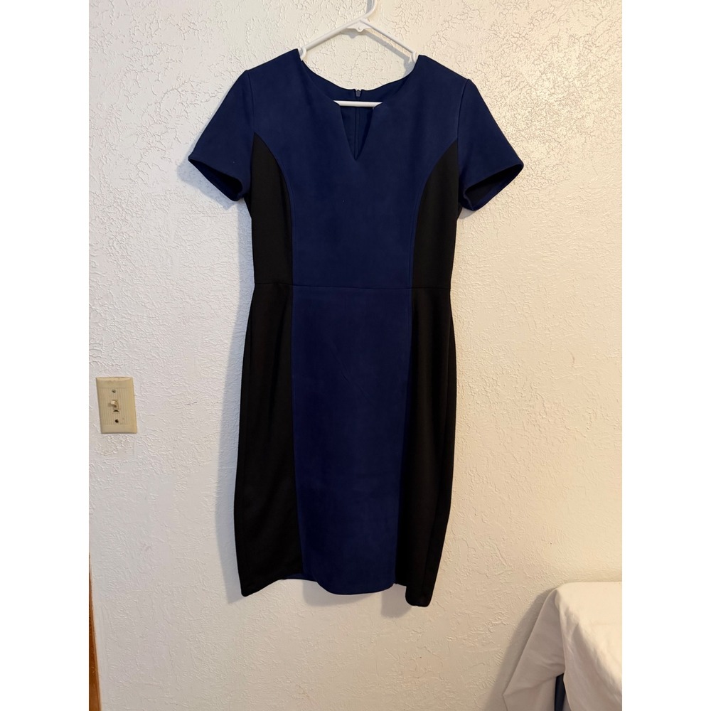 London Times Navy Blue Black Colorblock Faux Suede Sheath Dress Size 8 Business